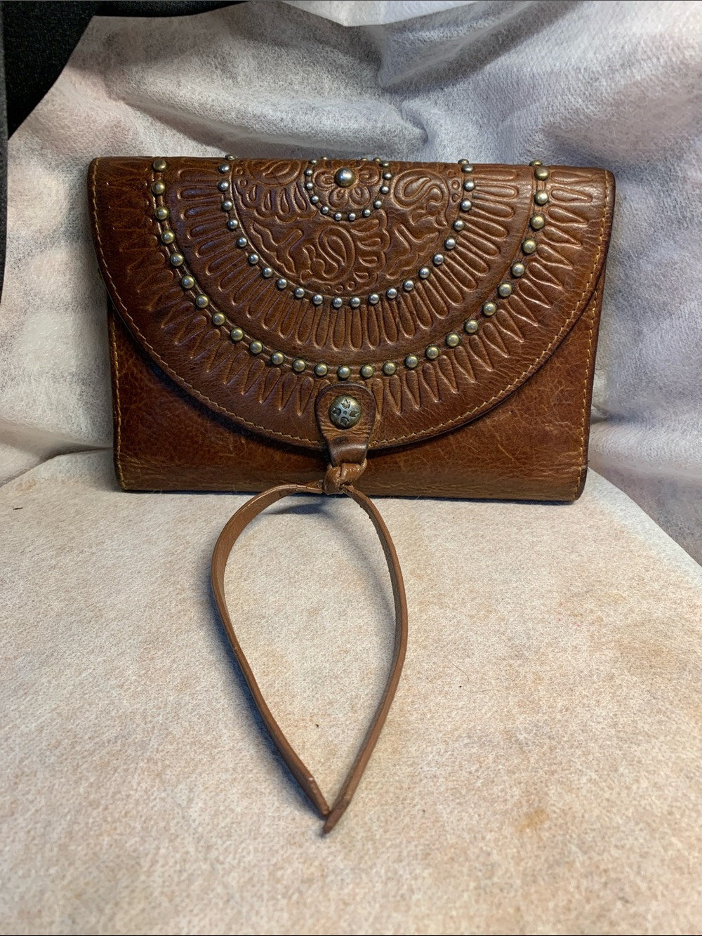 Patricia Nash Brown  Colli Flap Trifold Studded  Leather Wallet/Clutch